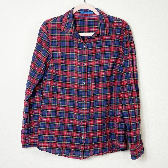J. McLaughlin Crinkle Button Down Long Sleeve Shirt Size M Plaid Red Blue - Picture 1 of 8